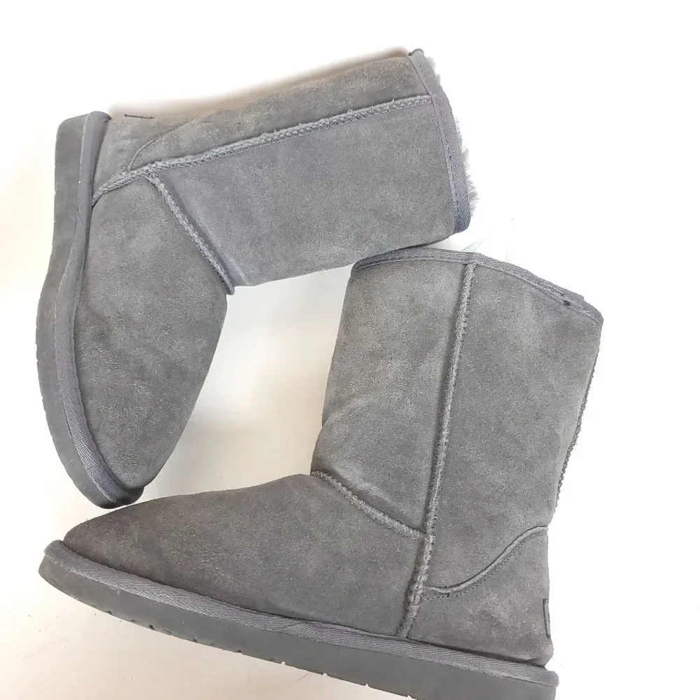 Minnetonka Women’s Olympia Boots Gray Suede Sheepskin Wool Lined Winter Size 7